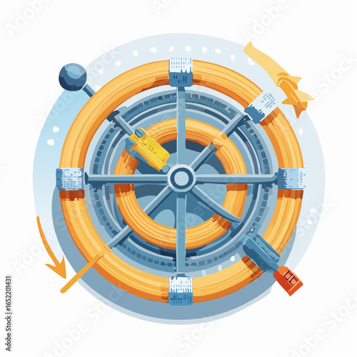 Vintage gold ship's wheel with an old compass and a clock on a white background, a symbolic illustration of nautical time and travel