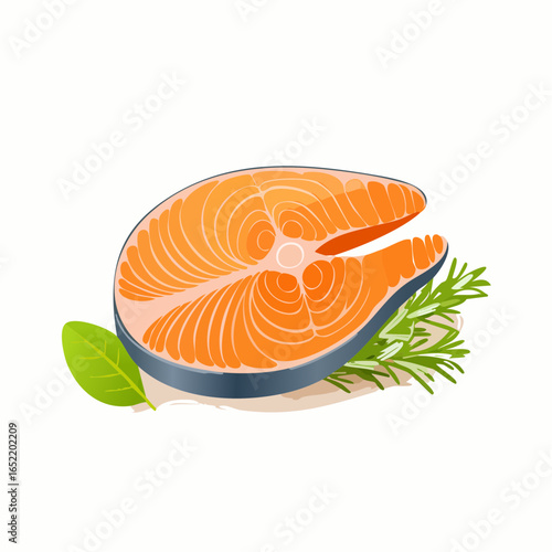 Fresh orange raw salmon fillet steak with vegetables on a white plate, a delicious and healthy seafood meal