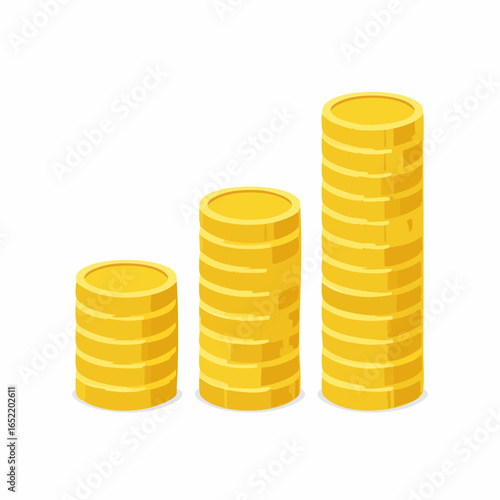 Golden coins stacked on a white background, a symbol of business success and financial growth