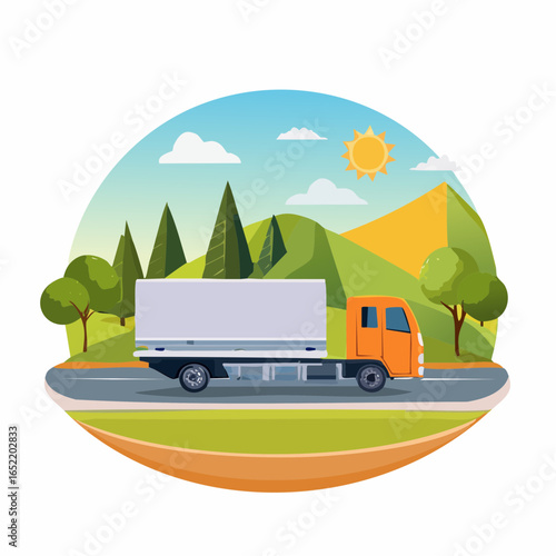 A family vacation trip in a green cartoon truck on a beautiful road