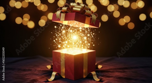 Magical gift box bursts open with sparkling golden light and starry magic, evoking wonder and celebration.