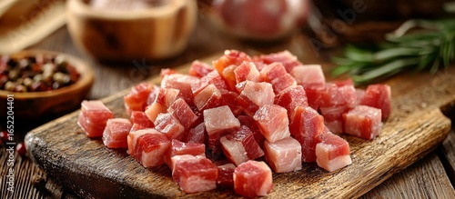 Savory bacon cubes arranged on a rustic wooden board.