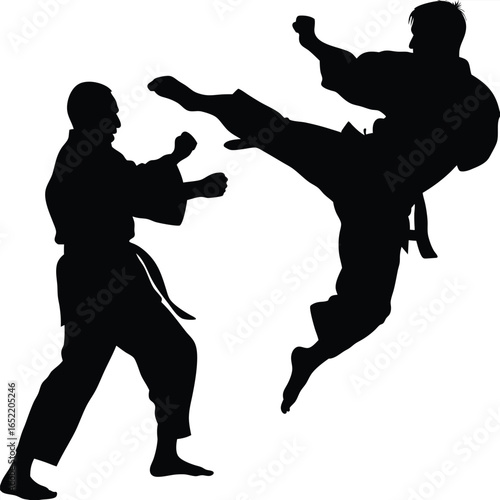 Karate Fighters Silhouette, Two Men in Action with Kicks and Punches on White