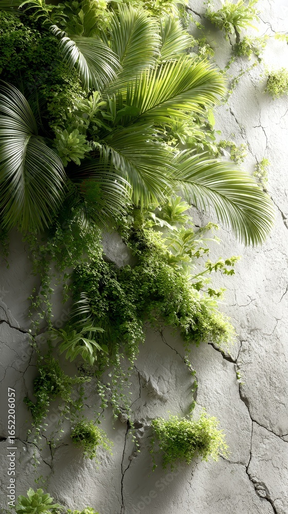 Obraz premium A vertical garden featuring vibrant green ferns and palms growing on a weathered concrete wall, showcasing natural plant decor in urban spaces.