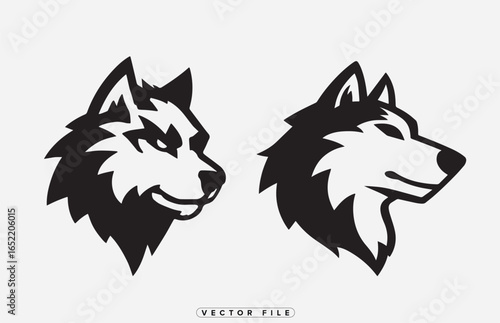 Two black and white wolf heads in profile facing right and left sides