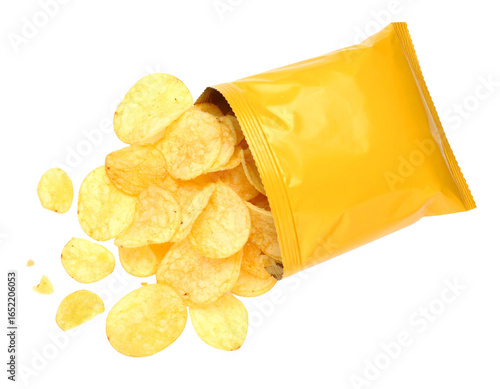 Open Yellow Snack Bag with Chips Spilling Out, Top-Down Angle, Isolated