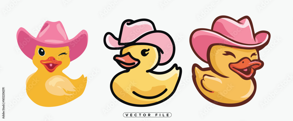 Naklejka premium Three cartoon ducks wearing pink cowboy hats in different styles and expressions