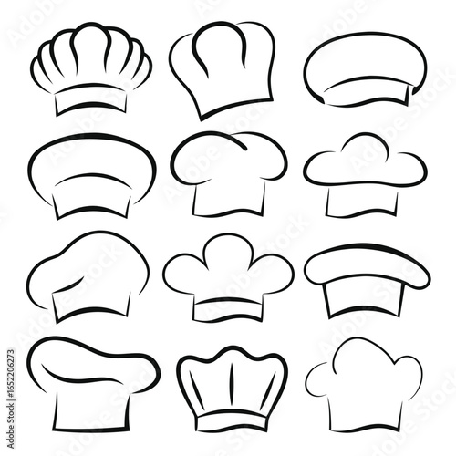 Chef Hat Icon Set in Black Outline Style on White Background Variety Design