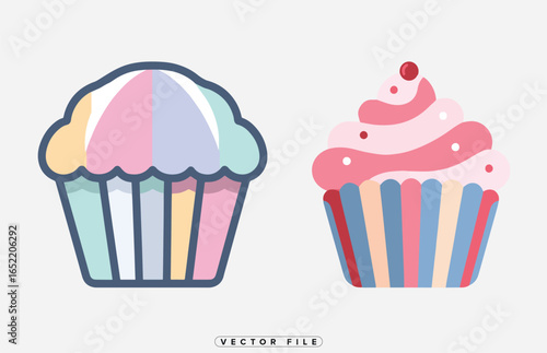 Colorful cupcake illustrations with frosting and decorations on white background