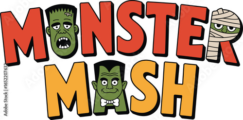 Monster Mash text with Frankenstein and Mummy characters