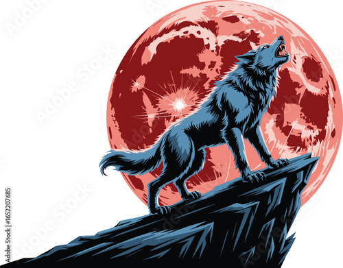 Wolf howling at a blood moon on a rocky outcrop night