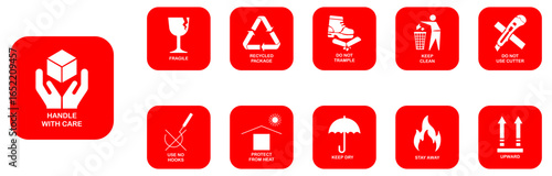 Set of fragile package icons in red color isolated on white background. Fragile packaging vector set. Shipping icons for packaging. Fragile and handle with care signs. Keep clean, keep dry, upward