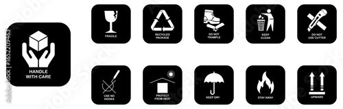 Collection of fragile package icons in black color isolated on white background. Vector illustration. Shipping icons for packaging. Fragile, handle with care, upward, keep clean, keep dry, fire