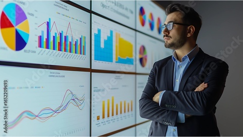 A man is looking at a large screen with many graphs on it