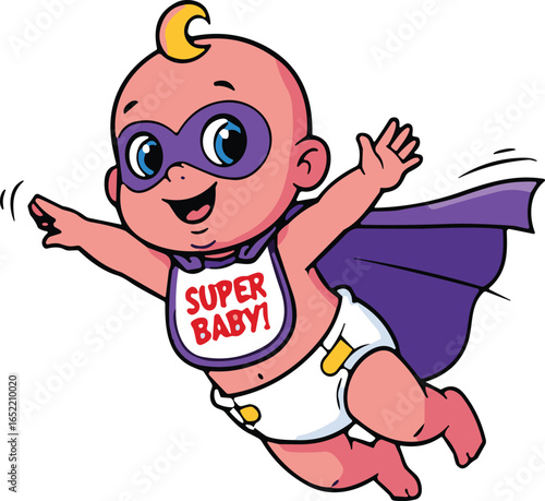 Cartoon superhero baby flying with cape, wearing bib and diaper, comic style vector illustration, playful heroic pose for kids theme