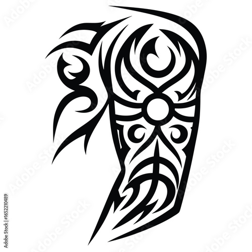 Half Sleeve Tribal Tattoo Arm Design with Bold Black Ink Lines on White Background