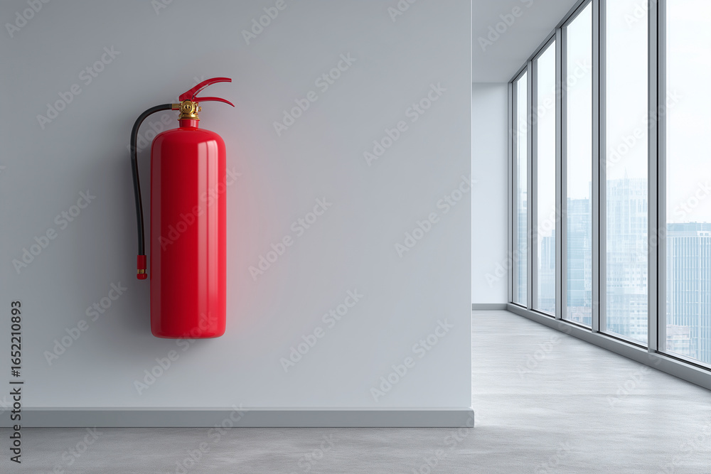 Obraz premium A red fire extinguisher is mounted on a wall in a room