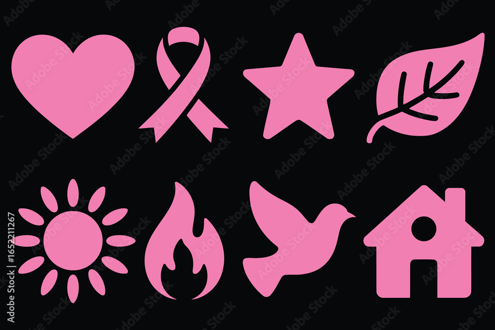 Pink icons heart ribbon star leaf sun flame dove house Pink icons heart ribbon star leaf sun flame dove house