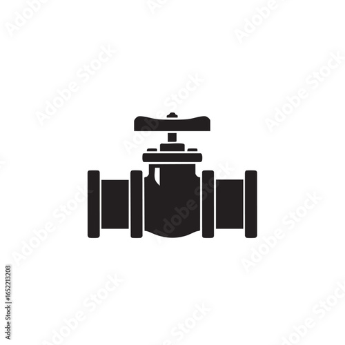 Black and white illustration of a pipe with a valve for plumbing engineering and industrial concepts