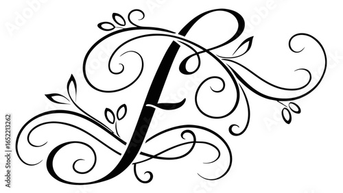 Letter f with floral ornaments and swirls in black and white elegant design with decorative elements