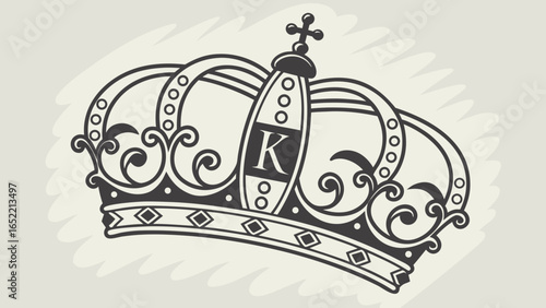 Illustration of a decorative crown with the letter k on it and ornate details in black and white