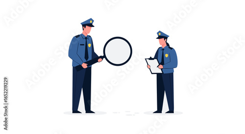 Police Officers Investigating Crime Scene with Magnifying Glass and Clipboard