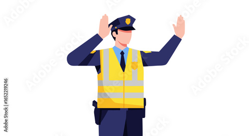 Professional police officer in a modern uniform with a reflective vest, raising both hands to signal 'stop' or 'halt,' emphasizing authority and traffic control.