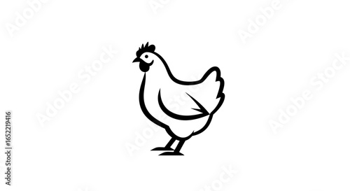 Simple chicken line art icon, a minimalist black and white vector illustration of a farm hen for a logo or food branding.