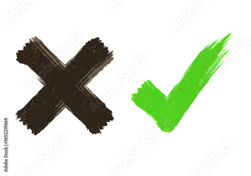 Handpainted Checkmark and Cross Mark Green Yes and Brown No Symbols isolated on transparent background