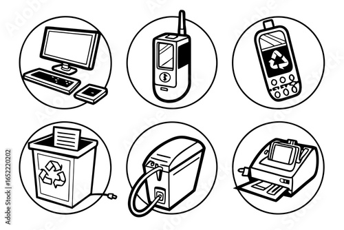 Electronic waste recycling icons isolated on white background