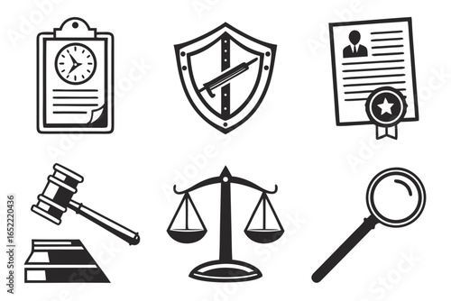 Law and justice icons isolated on white background