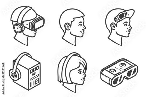 Isometric outline illustration of people wearing virtual reality headsets