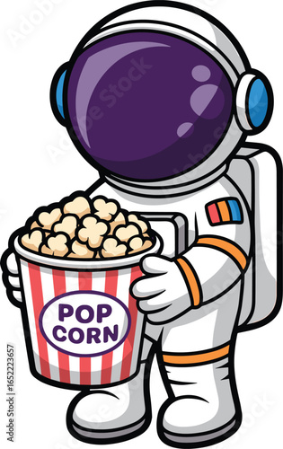 Cartoon astronaut in white suit with striped popcorn bucket, enjoying snack in space — fun cosmic character for entertainment themes