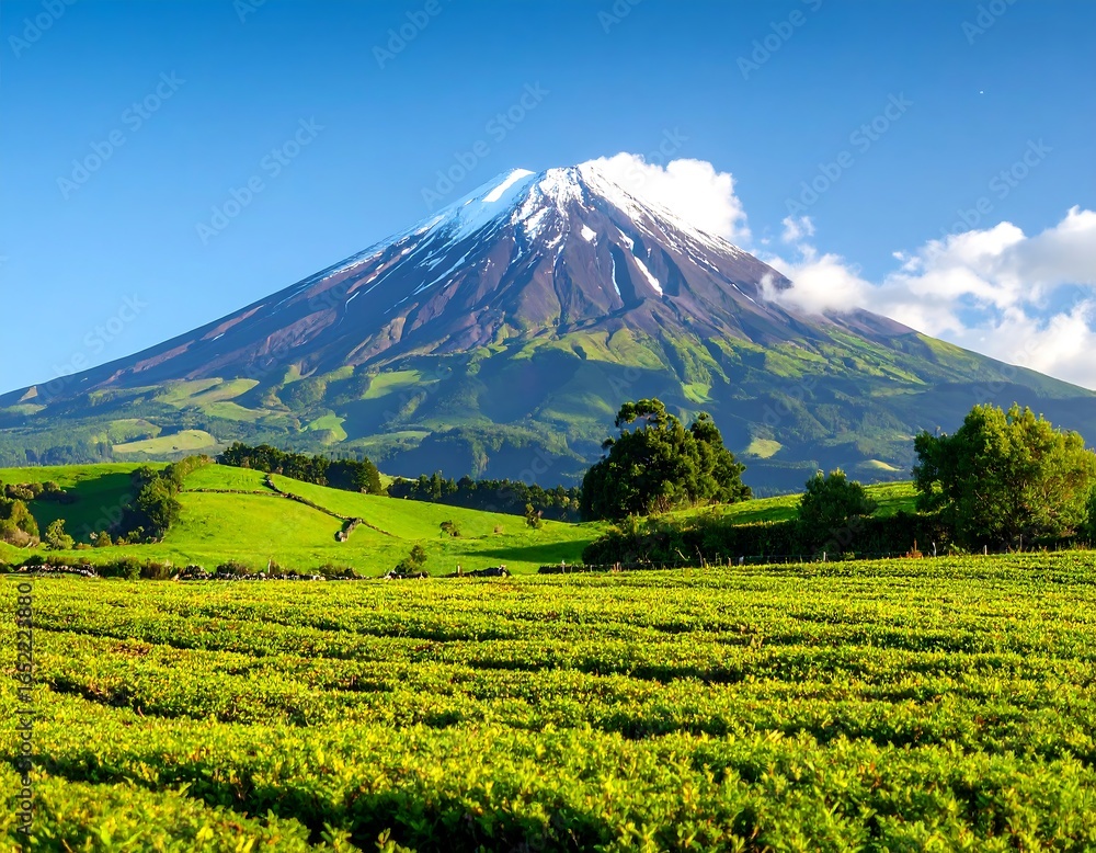 Fototapeta premium Lush green tea plantation before a majestic snow-capped volcano under a vibrant blue sky