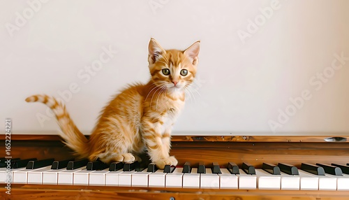Adorable ginger kitten perched atop a piano keyboard.