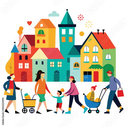 Colorful Flat Urban Scene with People Walking in Town