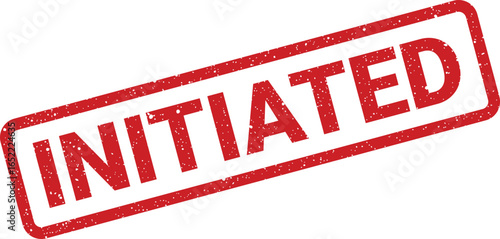 Red rectangular stamp with the word Initiated printed in white uppercase letters
