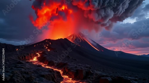 Stunning video of a volcano erupting violently with lava flowing dramatically at twilight hour
