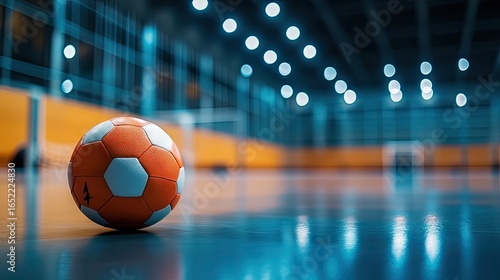 Indoor sports hall with a handball resting on polished floor, goal post blurred in the background, symbolizing team practice