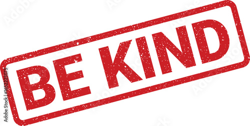 Red rectangular stamp with the words BE KIND printed in white