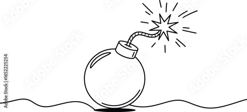 Cartoon Bomb Illustration, Explosive Line Art Drawing with Burning Fuse.