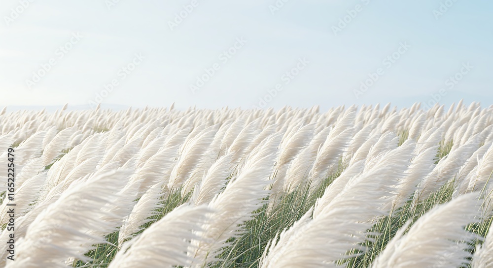 Fototapeta premium Serene Field of White Pampas Grass Swaying Gently in Soft, Bright Sunlight
