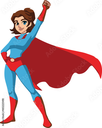 Cartoon superhero character in blue red costume with cape, confident pose, clenched fist, heroic stance, comic style vector illustration
