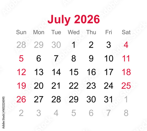 Monthly calendar of July 2026 on transparent background