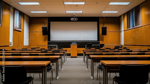 Quiet university lecture room with long tables, academic podium, and projector screen, absent of students, ready for session