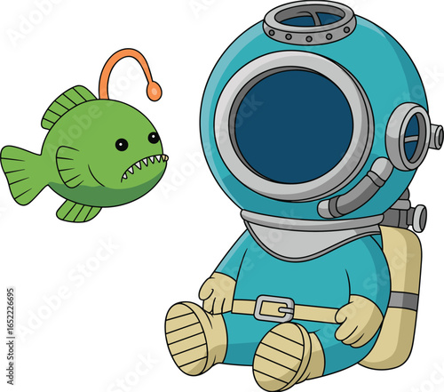 Cartoon diver in vintage blue suit sitting beside green anglerfish with light, cute deep-sea exploration character and marine life