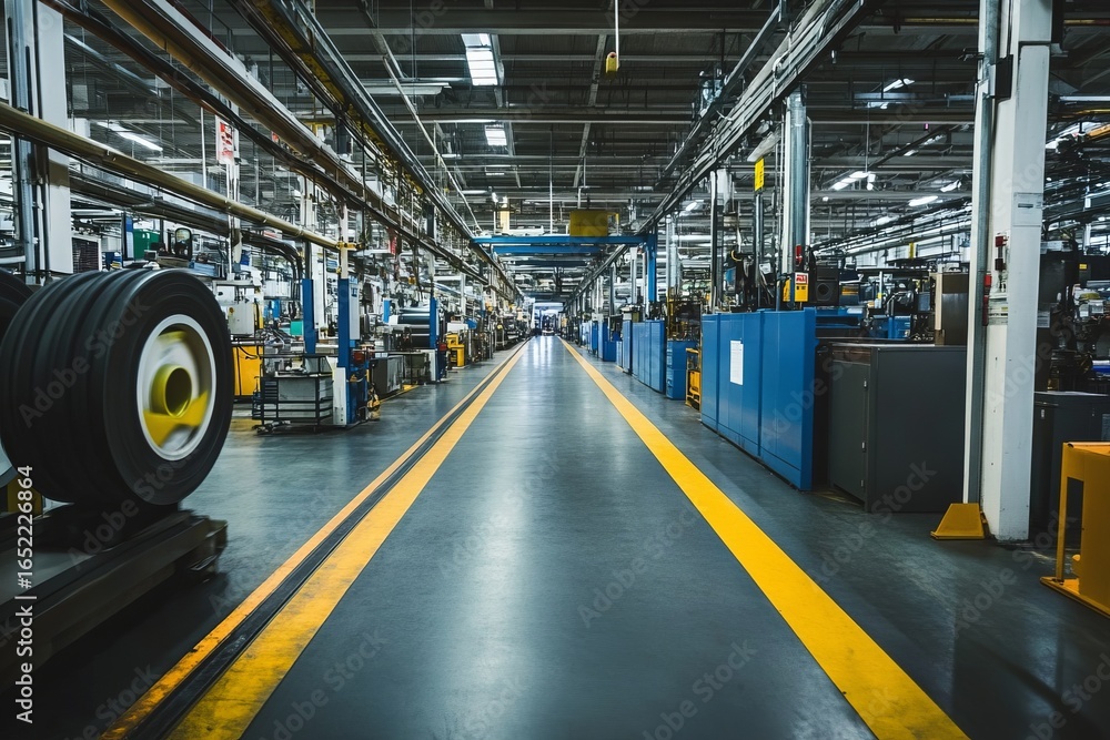 Fototapeta premium Interior of a vast, modern factory. Long aisle with machinery