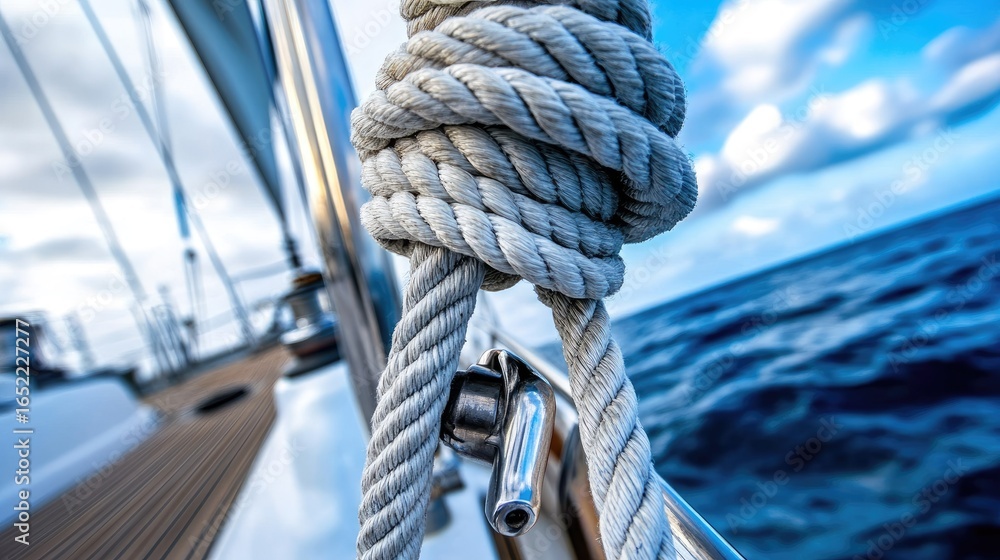 Obraz premium Side view of a yacht winch in use, rope pulling tightly as the sails adjust, blue sky overhead