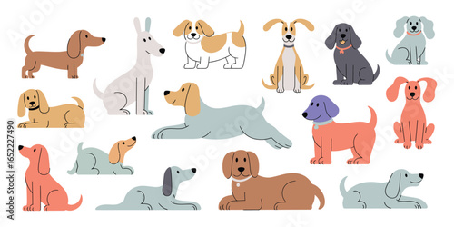 Cute Dogs Doodle Vector Set Featuring Cartoon Puppy Characters in Various Poses with Flat Colors Isolated on White Background for Funny Pet or Animal Design Projects