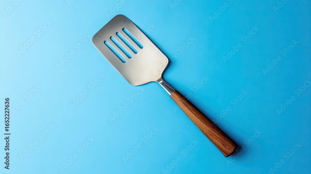 Stainless steel kitchen spatula with wooden handle placed diagonally on a pastel blue background Stainless steel kitchen spatula with wooden handle placed diagonally on a pastel blue background